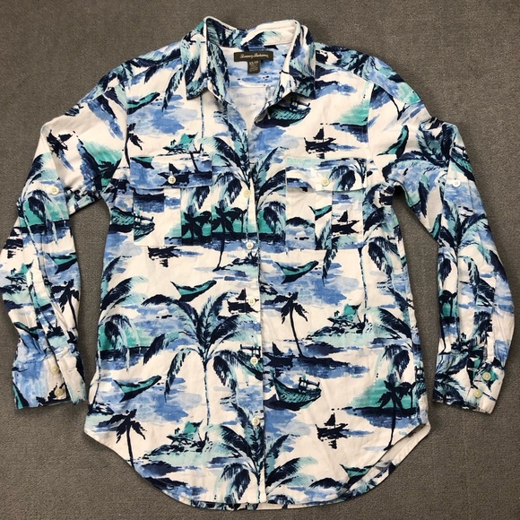Tommy Bahama linen blend Long Roll up Sleeve tropical button down shirt size XS - Picture 1 of 8